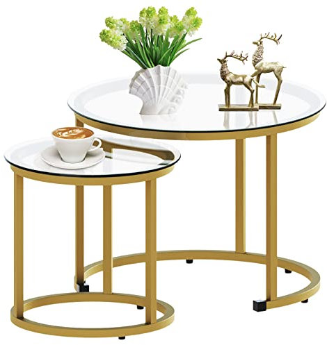aboxoo Gold Nesting Coffee Table Set of 2, Small Glass Round Nesting Tables for Living Room Bedroom, Accent Tea Table with Metal Frame Modern Industrial Simple