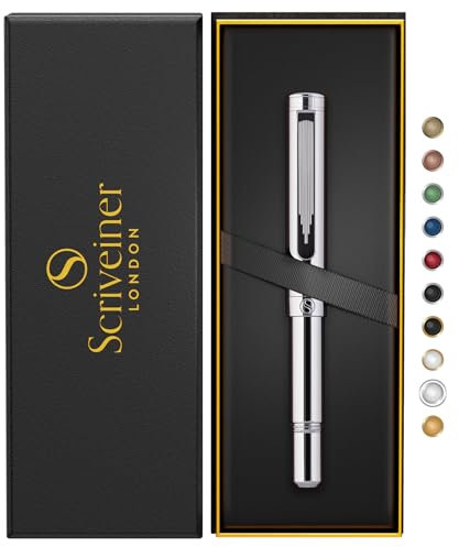 Scriveiner Tintenroller, silberfarben, verchromt, EDC Luxus, schwerer Taschenschreiber mit Chrom-Finish, angenehmes Schreiben, Geschenk für Damen und Herren, Nachfüllpackung