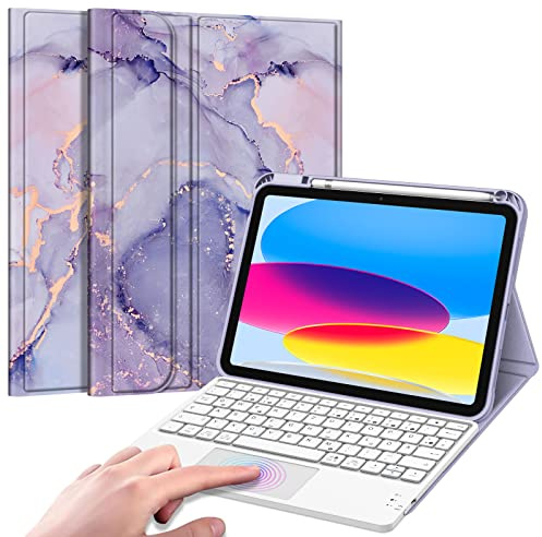 FINTIE Tastatur Hülle für iPad (A16) 11./10. Generation (11/10.9 Zoll) | Magnetisch abnehmbare deutsche Bluetooth-Tastatur mit Touchpad, weiche Schutzhülle mit Stifthalter, Marmor Lila