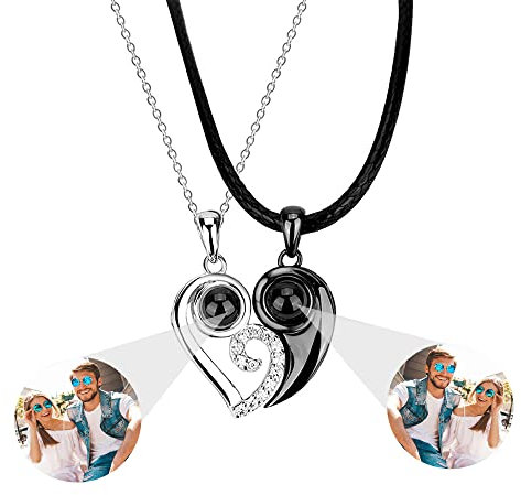 Pekdi Personalisierte Foto Halskette Projektion Kette mit Bild im Stein 925 Sterling Silber Magnetische Paar Halskette für Sie und Ihn Passende Herz Anhänger I Love You 100 Sprachen Schmuck Geschenke