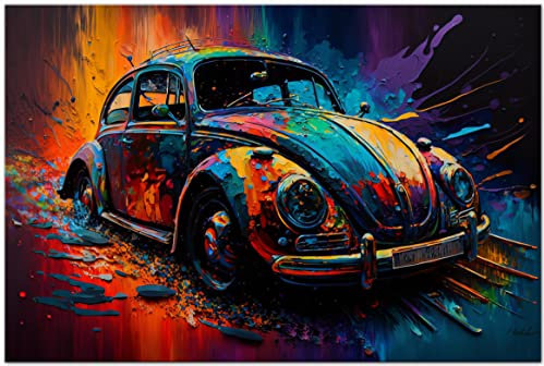 Printonia Bild auf Leinwand 120 x 80cm Volkswagen VW Käfer Oldtimer Abstrakt Art Grafik Automobil Bilder Deko Dekoration Wandbild Kunstdruck