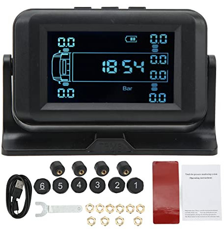 Aramox Solar Reifendruckkontrollsystem, Drahtloses Reifendruckkontrollsystem mit 10 Sensoren 15bar Solarladung 4 Alarm TPMS für Wohnmobil LKW Anhänger