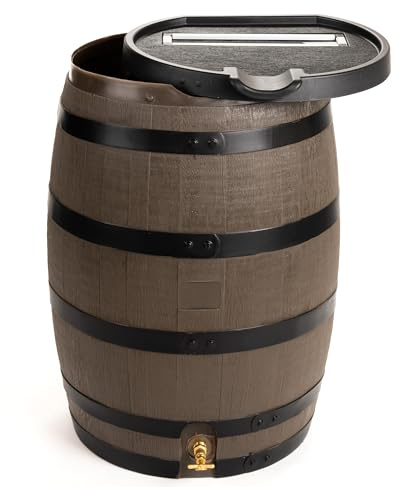 RTS Home Accents Premium 55-Gallon Rain Barrel with Removable Lid, Flat Back Rain Water Collection Barrel, Woodgrain with Black Stripes