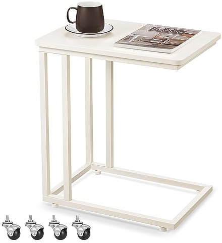 VASAGLE Tavolino da Letto con Ruote, Tavolino Mobile da Salotto, Comodino, Carrello, Soggiorno Camera da Letto, Struttura in Acciaio, Montaggio Facile, Bianco Crema LNT050W77