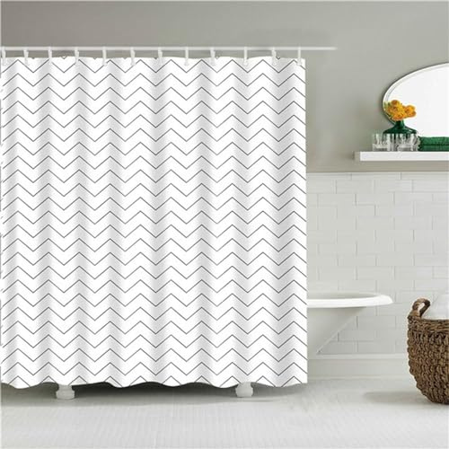 Svart vit rand duschdraperi vattentätt duschdraperi tvättbart dekormönster snabbtorkande 180 x 240 cm/72 tum x 96 tum viktad fåll, polyester, för duschkabin, badrumsgardiner med 12 st krokar P-48