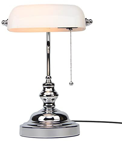 FIRVRE Lampada da scrivania/Lampada da banco/Lampada da ufficio Paralume in vetro bianco, interruttore a strappo per ufficio Biblioteca Camera (Bianco, base in cromo)
