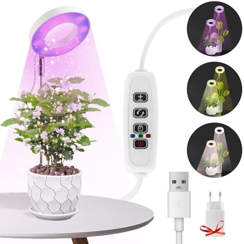 LWMTT Lampada per Piante da Interno,48 LEDs Lampada da Piante a Spettro Completo Regolabile in Altezza,Lampade Coltivazione con Timer 3/9/12H,9 Luminosità,3 Modalità,Adattatore USB,per piccole Piante