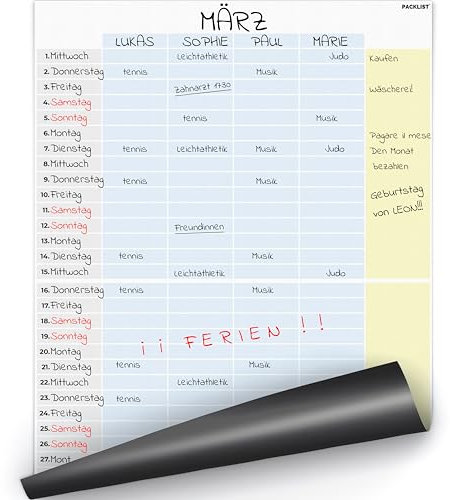 PACKLIST Magnetischer Familienkalender für den Monatskühlschrank. Design A3 magnetischer Monatsplaner für eine gute Familienplanung, Aufgaben und tägliche Aktivitäten organisierte Familie!