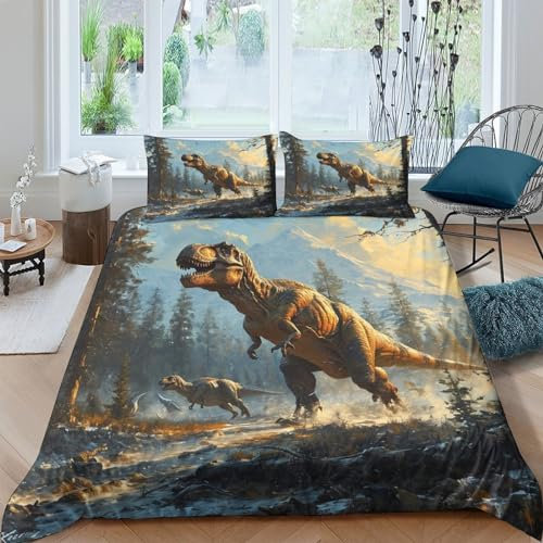 CRJUS Wilder DinosaurierBettwäsche-Set 3D Print Dreiteiliger Bettbezug Tiere Set Microfaser Kissenbezug 3 Teilig Mit Reißveschluss, Weiche Bequemer Double（200x200cm）