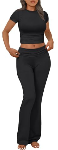 Trendy Queen Lounge-Sets für Damen, 2-teilig, lässig, Y2K, kurzärmelig, bauchfreies Oberteil, umklappbare Schlaghose, Trainingsanzüge, Schwarz, XS