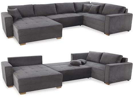 Modische Cord Wohnlandschaft U-Form B379/T227/H86 cm, Sofa mit Schlaffunktion und Bettkasten, Wellenunterfederung, seitenverkehrt montierbar, Bezug Cordstoff in Grau Anthrazit / 15198