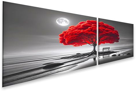 islandburner Prime Bild auf Leinwand Leuchtend Roter Baum an Einem Monochromen Strand Mit Mond Bilder Wandbilder Poster