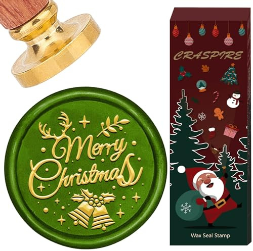CRASPIRE Sello de Cera de Navidad de 25.(039) in con Cabeza de Latón Desmontable Sellos de Cera para Sellar Campanas de Navidad con Mango de Madera Asta de Alce Hoja de Acebo para Fiestas