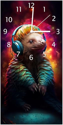 Wallario Design-Wanduhr Schuppentier mit Kopfhörern aus Glas, Motiv-Uhr Größe 30 x 60 cm, weiße Zeiger