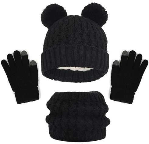 WANYI Mütze Schal Set Mädchen, Wintermütze Kinder Beanie Mütze Schal Handschuhe Set Mützen Jungen Warme Bommelmütze Strickmütze mit Weichem Innenfutter für Kinder 1-6 Jahre (B,Schwarz)