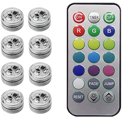 tuwiwol Adhesivo inalámbrico LED Luz Control remoto Pie Impermeable Luminoso Luces nocturnas Lámpara para decoración de peceras, 8 luces
