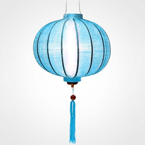 Asiatischer Lampion aus Seide, hellblau, R, Durchmesser 38 cm – traditionelle Laterne aus Stoff, Bambus und Holz, handgefertigt – Dekoration und Handwerk aus Vietnam (R25-BLC)