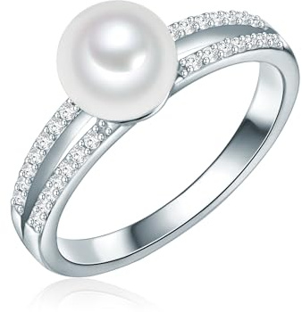Valero Pearls Damen Ring 925/- Sterling Silber | rhodiniert, Perlenring, Zirkonia, weiß, Süßwasser-Zuchtperle, ca. 7,0 - 8,0 mm, weiß, rund