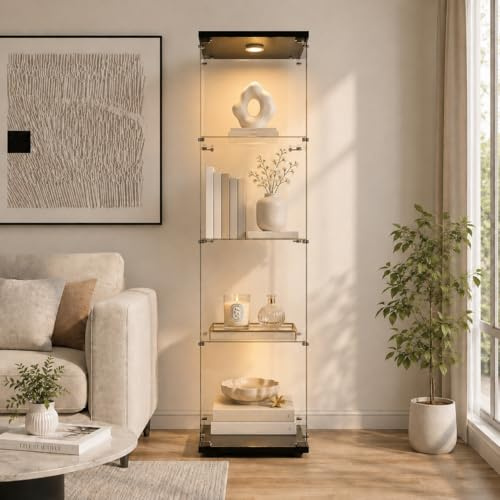 MIOOSUT Glasvitrine Standvitrine, Glasvitrine mit LED-Beleuchtung, Moderner Glas Vitrine mit Schloss, 42.5 * 36.5 * 163cm, Vitrine mit 4 Regalen, 1 Türen, für Wohnzimmer Büro Sammlerstücke, Schwarz