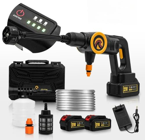 Sunster Akku Hochdruckreiniger Auto, 45Bar Mobile Hochdruck Wasserpistole Bürstenlosen Mit 4.0Ah Akku, Tragbar Druckreinigerpistole mit 6-In-1 Düse für Bewässerung, 3 Reinigungsstufen für Auto