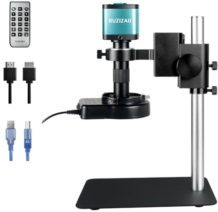 RUZIZAO Digital Microscope with Metal Base, 48MP 1080P HDMI/USB Industrial Magnifier, 150X Ultra-Precise Focusing Lens, LED Ring Light, Microscopes for Observation/Soldering/Electronic Repairs