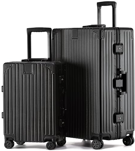 KOFA Zurich Kofferset 2 Teilig, M-55cm & XL-75cm Alu-Rahmen & Polycarbonat-Hartschale, Carry-on + Check-in Koffer, Reisekoffer Spinner mit 4 Rollen und doppelte TSA Schloss 35L + 94L (Schwarz)