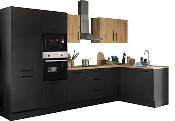 TURIN LBM Eckküche Winkelküche Artisan Eiche Optik Schwarz 330 x 211 x 60cm | Küche ohne Küchengeräte, L-Form, L-Küche, Einbauküche ohne Elektrogeräten, geräumig, mit viel Stauraum, modernes Design