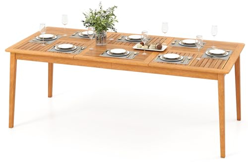 COSTWAY Table de Jardin en Bois d'Acacia pour 8 Personnes, Table de Salle à Manger d'Extérieur Rectangulaire de 200 x 90 cm avec Trou pour Parasol 5 cm, pour Terrasse Jardin, Naturel