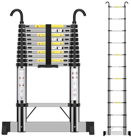 Telescopic Ladder 3.2m, Home Portable Ladder with Hooks, Aluminium, Height Adjustable, Home Storage, Attic, Maintenance Garden etc.