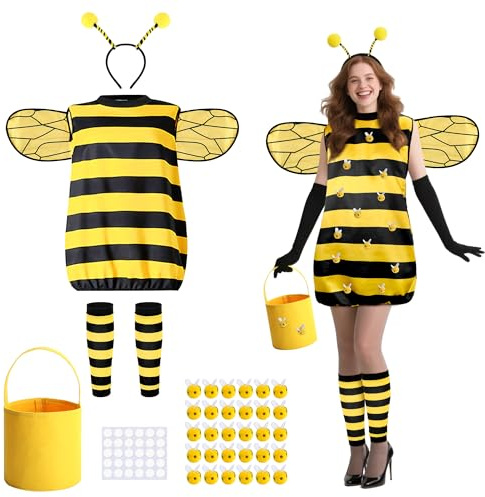 Costume da ape da donna per Halloween, set per cosplay da ape regina per adulti, costume per Halloween, vestito con ali, fascia per capelli, maniche per gambe, accessori per feste di Halloween