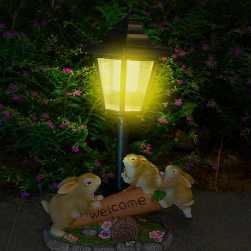 Qkbuza Statue de lapin d'extérieur - Sculptures d'animaux solaires avec lumière - Jolie statue décorative en résine pour balcon, jardin, cour, terrasse, pendaison de crémaillère, anniversaire - Femme