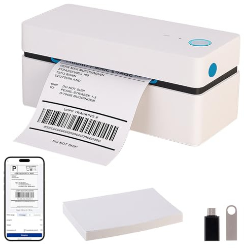 Callstel Label Printer: Versandetiketten-Thermodrucker für 100 x 150 mm, 203 DPI, USB, BT, App (Minidrucker, Thermodrucker für Versandpakete, Handy)