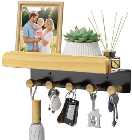 BuyCard Porte-clés avec Plateau en Bois et 5 Crochets, Porte-clés avec Rangement pour Le Couloir, Porte-clés Multifonctionnel pour l'entrée, Le Couloir, la Chambre à Coucher, Le Salon.