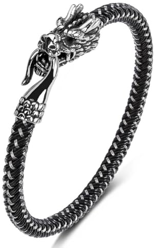Fachoice Pulsera de cuero con cabeza de dragón para hombres, pulsera trenzada dominante de dragón punk chino amuleto joyas para hombres