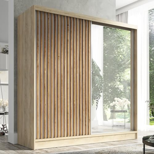 A&J MöbelLand Schwebetürenschrank LINA Kleiderschrank 200 cm mit Spiegel, 3 Schubladen & 3D-Lamellen (Sonoma)