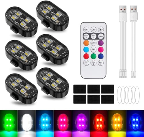 UPXSXT 6pcs Luz estroboscópica LED inalámbrica, 8 colores con 10 efectos de iluminación Luz de señalización de colisión recargable por USB Adecuada para bicicletas, drones y motocicletas