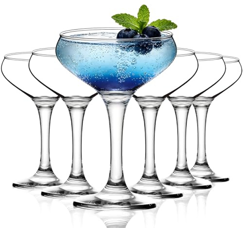 TOLASTO Champagne Saucer Coupe Glasses | Set of 6 | 235 ML | Martini Cocktail Glasses, Vintage Classic 20s Art Deco Party, Margarita, Whiskey, Gin, Tequila, BPA-Free, Dishwasher-Saf