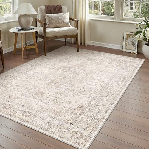 PureCozy Waschbarer Beige Teppich Wohnzimmer 120x170cm Vintage Tepich | Weich Kurzflor Groß Carpet, Rutschfest, Leicht, Schlafzimmer, Esszimmer, Büro, Kinderzimmer