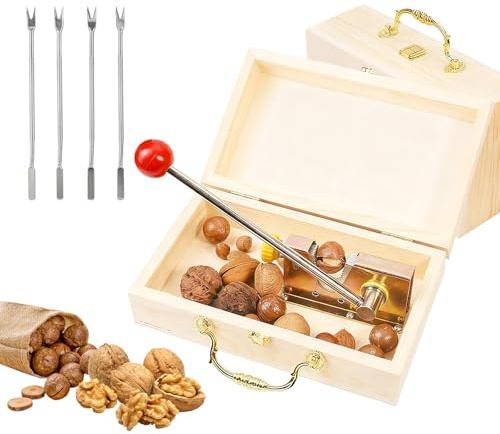 BRGD Nussknacker Walnussknacker, Manuelle Haselnuss Nuss-Zange mit Hölzerner Geschenkbox und 4 Gabeln für Haselnüsse, Paranüsse, Mandeln, Pekannüsse