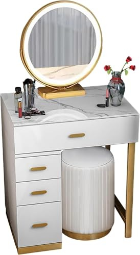 LED-sminkbordsset med justerbar ljusstyrka, spegel, modernt sminkbord och stol, 4 lådor, sminkstation, Ergonryggstöd stol för skönhet och omvårdnad