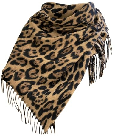 Genérico Bufanda para Mujers - Chal, Pañuelo de Cuello, para Otoño e Invierno Cálida, Estampado de Leopardo con Flecos, Sensación de Cachemira, Animal Print Scarf Comodidad