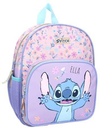 Disney Stitch Sac à dos de maternelle pour fille personnalisable avec prénom, petit sac à dos Kita Lilo & Stitch, sac à dos pour enfant avec poche frontale et poches en maille, bretelles réglables