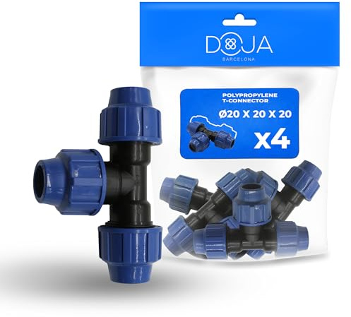 DOJA Barcelona Raccordo a T a Compressione per Tubo PE - 20 x 20 x 20mm - Pack 4 - Installazione Rapida, Connettore a T per Irrigazione in Polipropilene, Robusto, Giunto per Tubi in PE, Connector