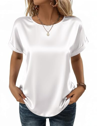 Zeagoo Chemisier Satin Femme Élégante Soie Blouse Ete Manches Courtes Top | Ample Basique Col Rond Chemise Casual Couleur Unie Haut S-XXL