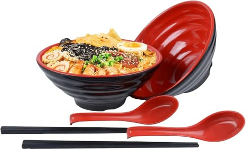 Yuedefly Ramen Bowl Set of 2, 1200ml Melamine Noodle Bowls with Chopsticks and Spoons, 20.6cm Japanese Style Soup Bowls for Ramen, Pho, Udon, Pasta and Rice, Red and Black