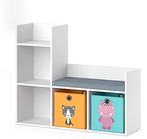 Vicco Kindersitzbank Weiß Luigi mit 2 Faltboxen Opt.1-107x89x31 cm hergestellt aus Spanplatte - Spielzeugschrank ideal für Kinder, mit Sitzfläche für funktionale Raumnutzung