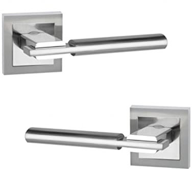 AZERODESIGN- Manillas Puertas Interior- Manetas Puertas Interior Casa- Juego Manillas Puerta Madera- Aluminio Baño Combinado acabado níquel satinado y Níquel Brillo (PLACA LARGA)