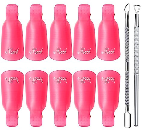 Qufiiry Pinzas uñas Quitaesmalte, 10 Pcs Clip uñas Semipermanentes, Rosa Clip de Removedor Acrílico, con 1 Curette, 1 Empujador de Cutículas para Limpiar Uñas y Quitar Cutículas