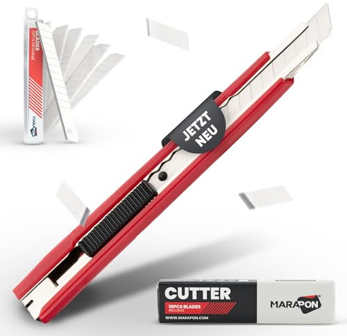 MARAPON® Cutter professionnel avec 10 lames | Couteau à tapis extra robuste | Couteau de poche avec lames cassables | Outil de cutter pour une utilisation professionnelle | Petit couteau de travail