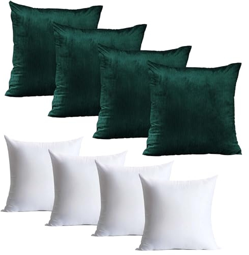 BedLooms Cushions with Covers Included 45 x 45 Cm Set of 8 (4 Emerald Cushion Covers, 4 Cushion Inserts) - Striped Velvet Square Throw Pillows Decorative Sofa Cushion with Invisible Zipper, 18x18 Inch
